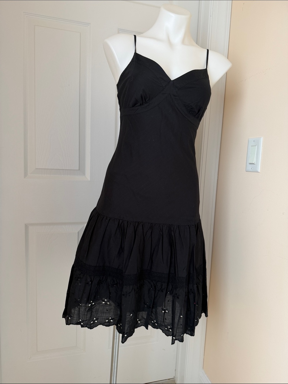 GAP Black Spaghetti-Strap Midi Dress with Tiered Eyelet Hem